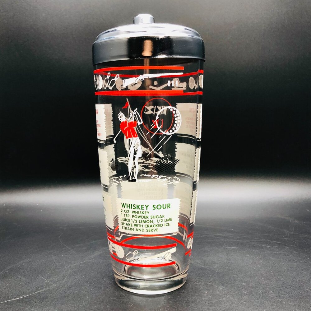 50s Hazel Atlas All Sports Glass Cocktail Shaker with Chrome Lid, Midcentury Bar